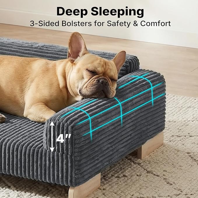 Veehoo Elevated Dog Bed Indoor, Wood Furniture Style Dog Couch Sofa | Small medium dogs sofa, sturdy wood frame, washable cover, easy assembly, supportive foam