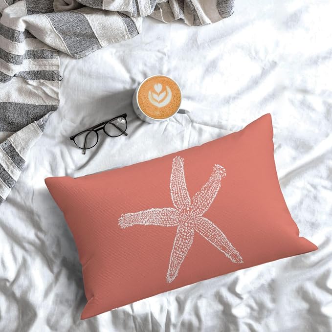 Coastal Pillow Covers 12x20 Set of 2 Orange Coral Starfish Throw Pillows Nautical Ocean Decorations Summer Linen Beach Pillowcase Outdoor Decor Farmhouse Lumbar Cushion Case for Couch Home