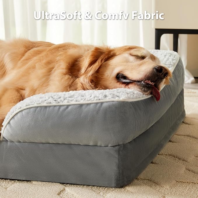 LEXTRO Washable Orthopedic Dog Bed for Extra Large Dogs, Egg Crate Foam Bed | Comfy Sleeping Dog Bed with Egg Crate Foam, Dog Sofa with Removable Cover, Waterproof Lining&Non-Slip Bottom, Gray