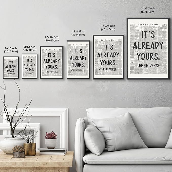 Framed Black And White Retro Newspaper Wall Art Motivational Office Decor | ItS Already Yours Universe Quote Poster Trendy Positive Inspirational Canvas Print for Bedroom Apartment Dorm 24x36inch