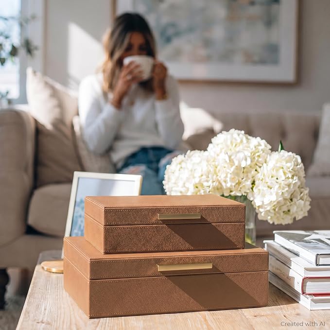 ZICOTO Decorative Storage Boxes with Lids – Set of 2 Beautiful PU Leather Organizer Bins for Your Bookshelf Home Decor - Safely Store Photos, Documents and Memory Box Keepsakes in Style