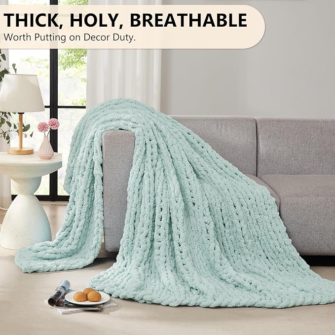 L'AGRATY Chunky Knit Throw Blanket for Couch, 60 x 80 Inches, Mint Green | Handmade Chenille Crochet Blanket for Sofa Bed, Thick Cable Knitted Blankets for Room Home Decor, Birthday Gift for Women Mom