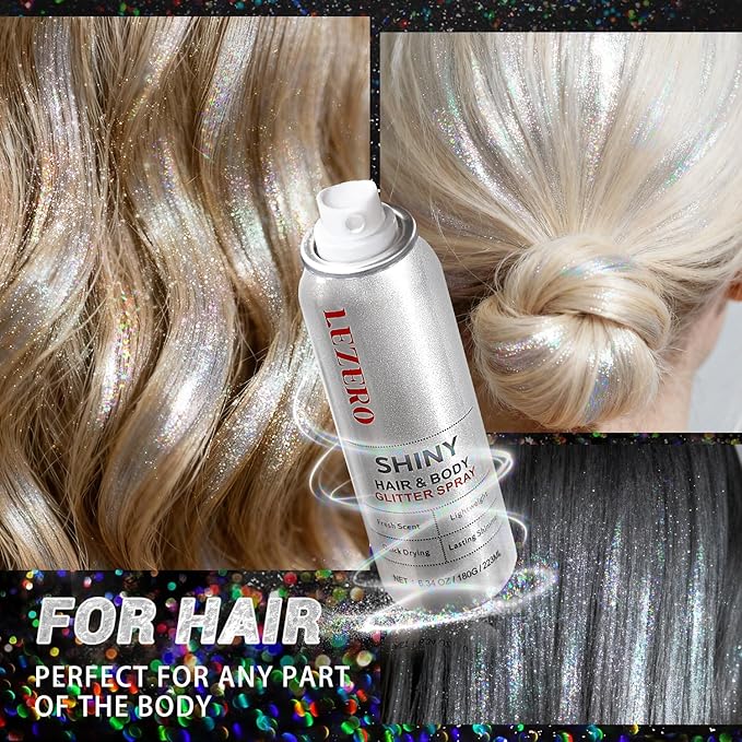 Hair and Body Glitter Spray for Women Kids, 6.34OZ Large Capacity Original Temporary Shimmery Glitter Spray for Festival Rave Outfits Accessories, Singer Concert, Wedding Season, Rainbow Silver