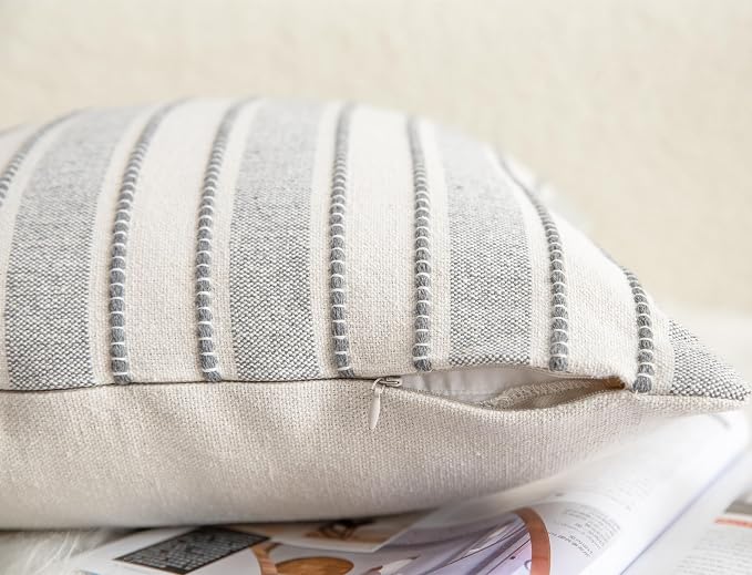 Cethom Decorative Boho Throw Pillow Covers, Farmhouse Textured Pillow Case, 22 x 22 Inch Set of 2, Chair Sofa Bedroom Living Room Home Decor Couch Cushion Case, Grey and Beige Striped