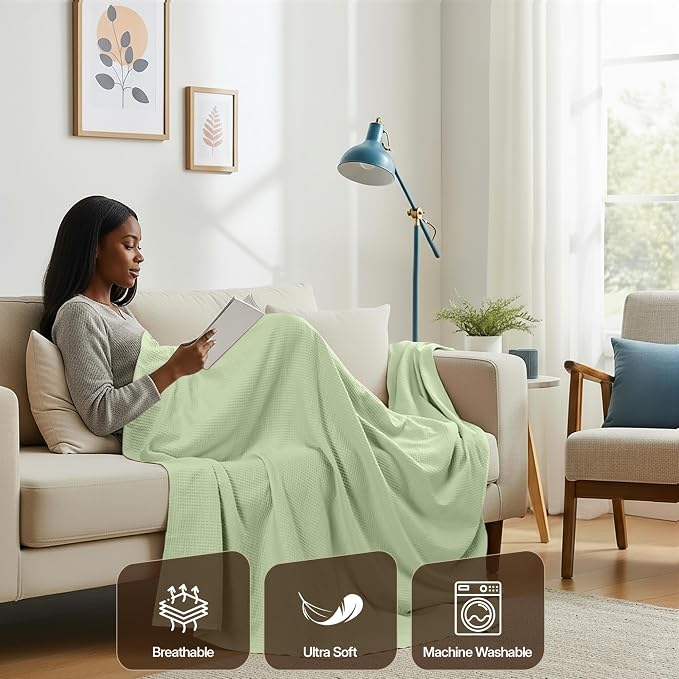 Utopia Bedding Cotton Blend Sage Green Waffle Blanket Queen - 90x90 Inches | Lightweight, Skin Friendly, Breathable, All Season, Luxury, Bed, Couch, Sofa
