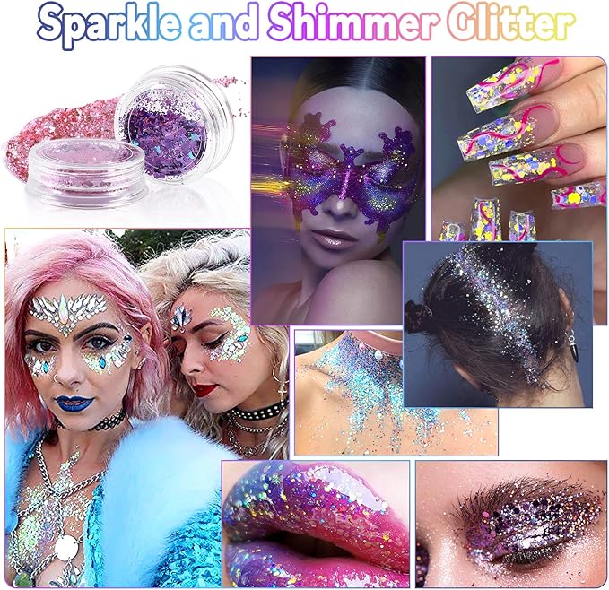 Laza Body Glitter, 2 Jars Holographic Chunky Sequins with Glitter Glue Perfect for Women Eyeshadow Makeup Face Paint Festival Rave Outfits Hair Accessories Carnival Party Costumes - Cyan Blue