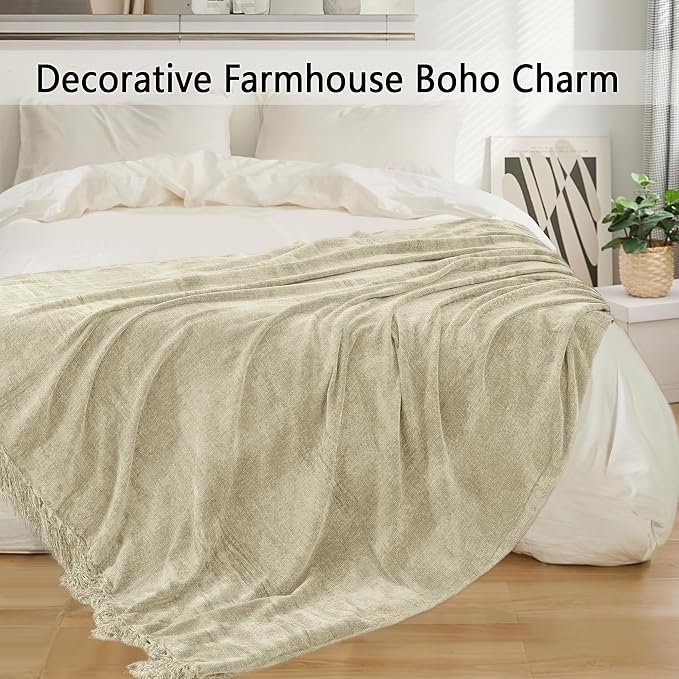 Chenille Throw Blanket for Couch 60" x 80" Twin, Light Beige | Soft Cozy Warm Throws with Fringe Tassel, for Living Room Bed Sofa Chair Cover, Lightweight Knitted Decorative Boho Blankets
