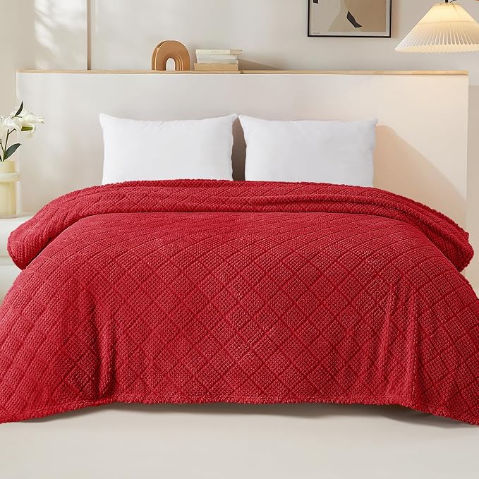 Whale Flotilla Soft Fleece King Size Blanket for Bed, Red | Jacquard Waffle Blankets for Home Decor, Lightweight and Cozy, All Season Suitable, 90x104 Inch