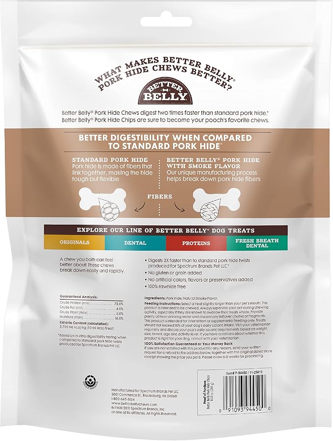 Better Belly Pork Hide Small Roll Highly Digestible Dog Treats, 20 Count | With Natural Smoke Flavor, Long-Lasting Digestible Chew, No Grain Added, No Artificial Colors Or Flavors, For Adult Dogs