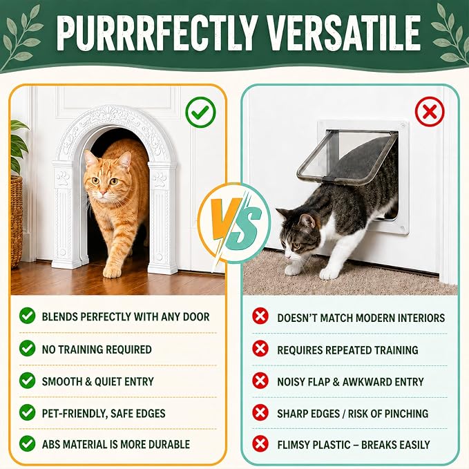 XL Cat Door for Interior Doors Easy to Install in Minutes, No-Flap, White | No Training Required, for Cats Up to 30 lbs, DIY Paintable, Fits 1.25"–1.75" Hollow & Solid Door, Retro Farmhouse Style
