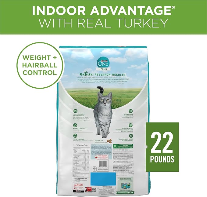 Purina ONE Indoor Advantage Weight Control Dry Cat Food, 22 lb Bag | Made with real turkey and 10% less fat, plus antioxidants and fiber to help minimize hairballs and aid in weight control