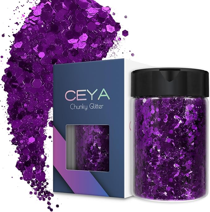 Ceya Chunky Glitter, 4.9oz/ 140g Aubergine Purple Craft Glitter Powder Mixed Fine Flakes Iridescent Nail Sequins for Nail Art, Hair, Epoxy Resin, Tumblers, Slime, Painting, Festival Decor