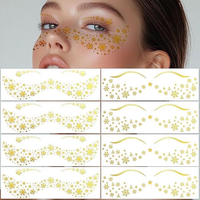 Christmas Freckle Temporary Tattoos - Gold Glitter Snowflake Face Stickers for Women & Girls, Winter Holiday Party Festival Makeup, Easy Apply Face & Body Decals (8 Sheets)