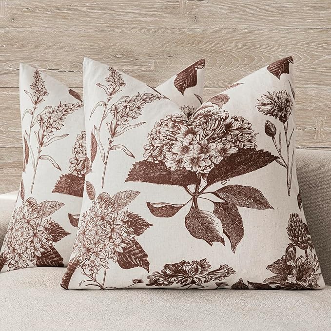 Foindtower Set of 2 Linen Floral Throw Pillow Covers Vintage Accent Print Decorative Cushion Covers Farmhouse Boho Home Decor for Sofa Chair Couch Bedroom Living Room,24×24 Inch,Dark Brown