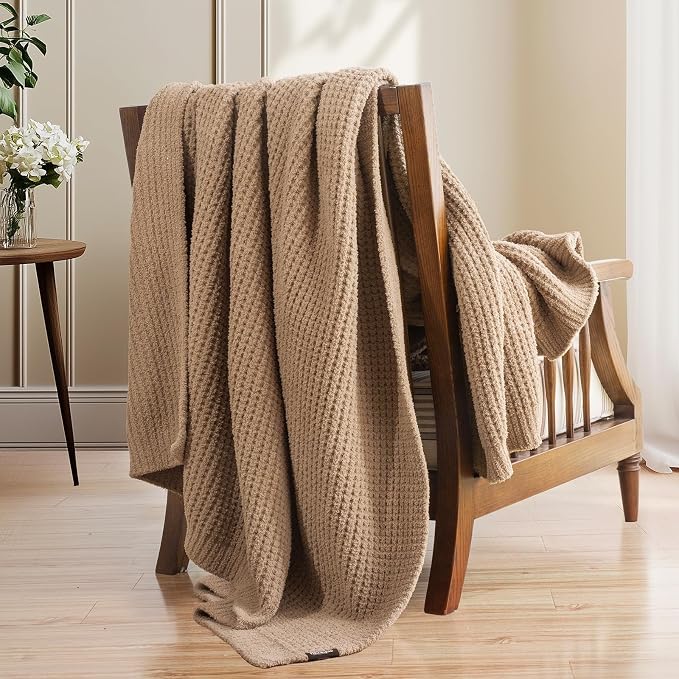 Waffle Knit Throw Blanket for Couch, Soft Cozy Chunky Knit Thick Knitted Blanket for Sofa, Bed, Gift for Women Girls Home Decor (Beige, Twin 60"x80")