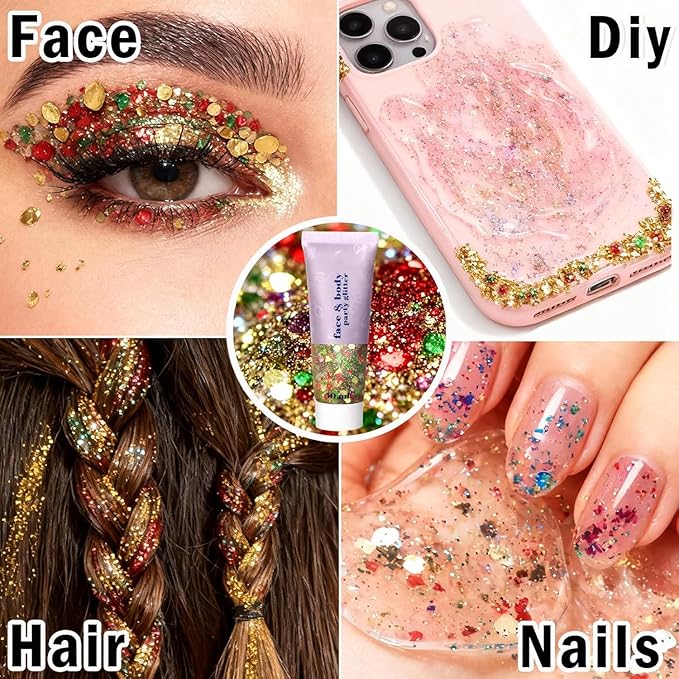 Red Green and White Body Glitter Gel, Christmas Face Hair Glitter for Kids & Women,Shimmer Holographic Colorful Sequins Chunky Glitter Gel Makeup,Accessories for Festival Rave (Christmas Themed)