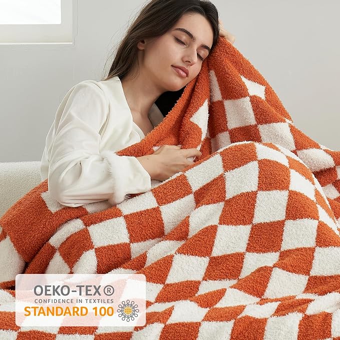 Snuggle Sac Checkered Throw Blanket for Couch, Super Soft, Cozy Warm Knit Blankets, Reversible Plaid Fluffy Throws for Sofa, Bed, Checkered Burnt Orange, 50x60 Inches