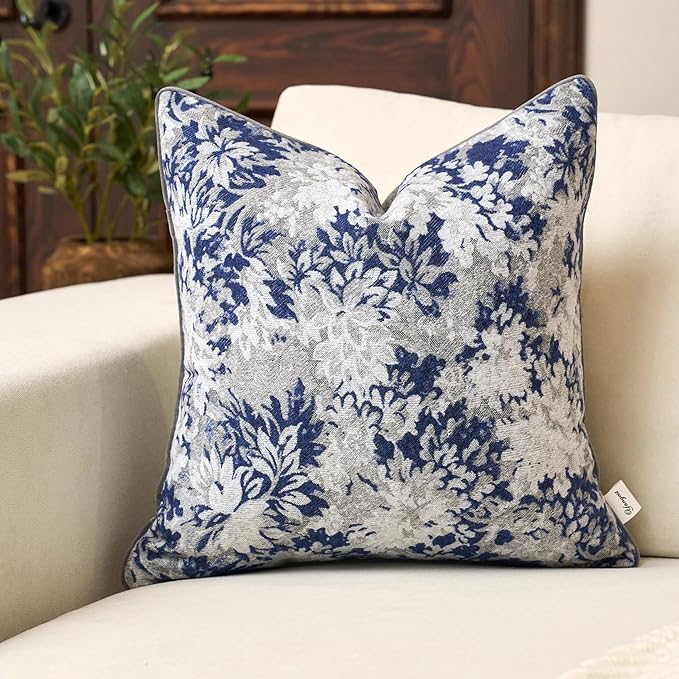Neutral Floral Pillow Cover 20 x 20 Inches, Vintage Chenille Square Throw Pillow Cover Soft Decorative Farmhouse Accent Couch Pillow Cover for Living Room Bedroom, Blue