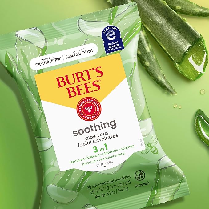 Burt's Bees Stocking Stuffers, Aloe Vera Face Wipes, for Sensitive Skin, Soothing Makeup Remover & Facial Cleansing Towelettes Christmas Gifts, 30 Ct. (3-Pack)