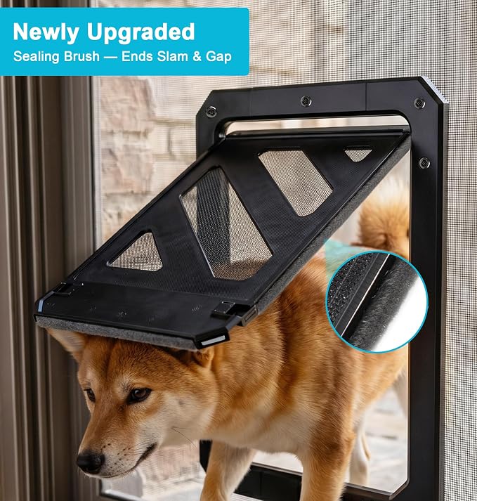 Dog Door for Screen Door, Enhanced Quiet Flap & Sealing Brush, 10.2”x14.3” Opening, Lockable Doggy Screen Door, Magnetic Self-Closing Pet Door-Medium to Large Dogs up to 60 lbs (Black)