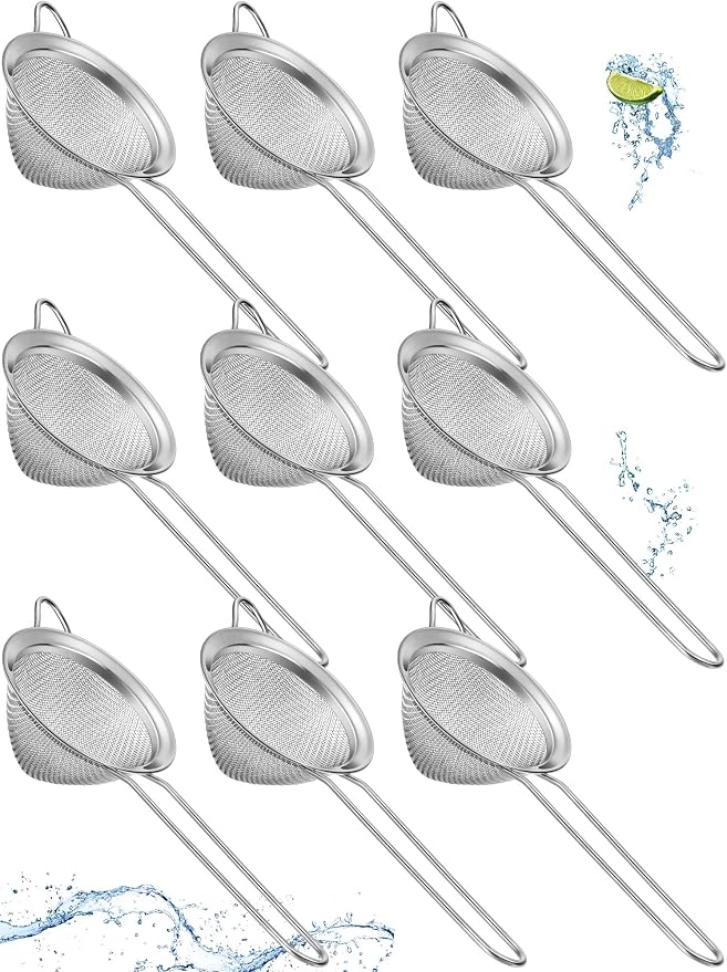 Epakh 9 Packs Stainless Steel Small Strainer, Fine Mesh Steel Cone Shaped Cocktail Strainer for Juice, Tea Herbs, Coffee Drinks, Long Handle Coffee Food, 3.2 Inches Silver