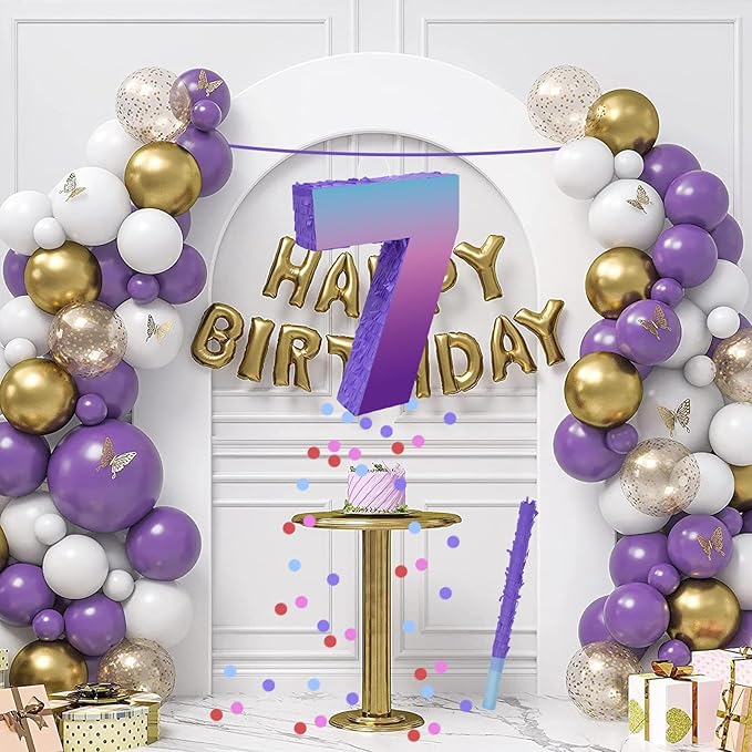 Purple Birthday Party Decorations, Purple Number 7 Pinata with Stick Blindfold Confetti for Girls Boys 7th Birthday Activity Game Gift (15.7 x 11.5 x 3 In)