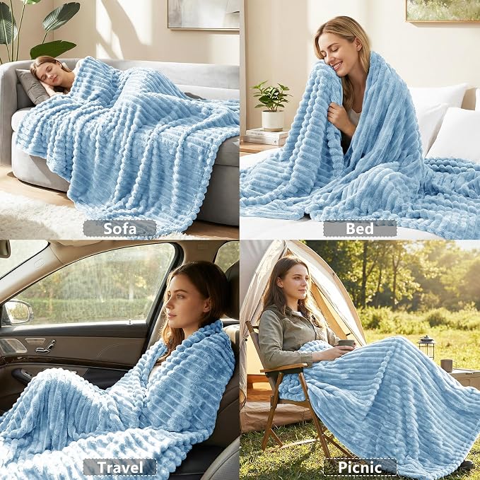 HIMEET Light Blue Oversized Throw Blanket, 300GSM Ribbed Fleece, 50 x 70 in | Ultra Soft Flannel, All-Season Lightweight Warmth, Extra Coverage for Couch Lounging, Home Room Decor, Machine Washable