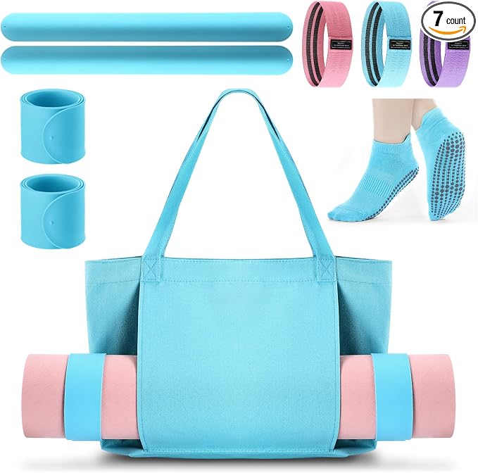 Halloscume Yoga Bag Set for Women Including Yoga Mat Tote Bag, Booty Resistance Bands, Non Slip Sports Socks Silicone Ties for Pilates Travel Workout Office Home Gym
