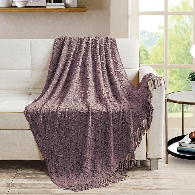 BOURINA Lavender Throw Blanket 50 x70 Inch Jacquard Throw Knitted Blanket | Jacquard Argyle Throw Textured Solid Soft Throws and Blankets for Sofa or Bed Knitted Decorative Blanket