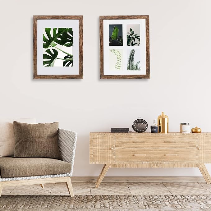 Hongkee 11x14 Picture Frame Set of 4, Made of Glass and Rustic Brown Wooden Frame, Display 8x10 Pictures with Mat or 11 x 14 Posters without Mat for Wall Mounting, Gallery Photo Frames