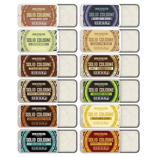 Viking Revolution Solid Cologne 12pk for Men - Men's Cologne Gift Set with Sandalwood, Vetiver, Palo Santo, Coffee Whiskey, Spiced Vanilla, Bourbon Suede - Travel Size Gifts for Men (0.5 Oz each)