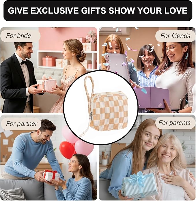 Corduroy Period Pouch for Women, Cute Sanitary Pad Pouch with Zipper, Portable Tampon Holder for Purse, Sanitary Napkin Storage Bag for Travel (Checkered Brown White)