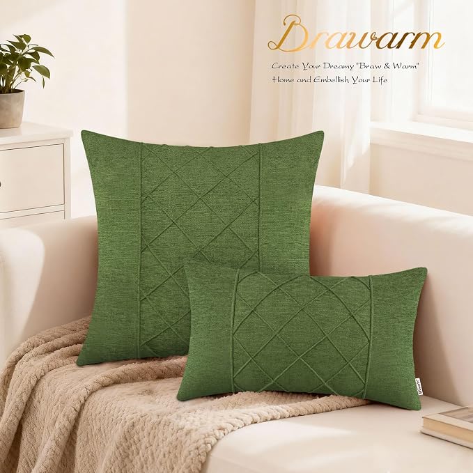 BRAWARM Chenille Throw Pillow Covers 12x20 Inches, Forest Green, 2 Pack | Decorative Lumbar Pleated Pillow Covers, Soft Cushion Cases for Sofa Bed Living Room Home Farmhouse (No Insert)