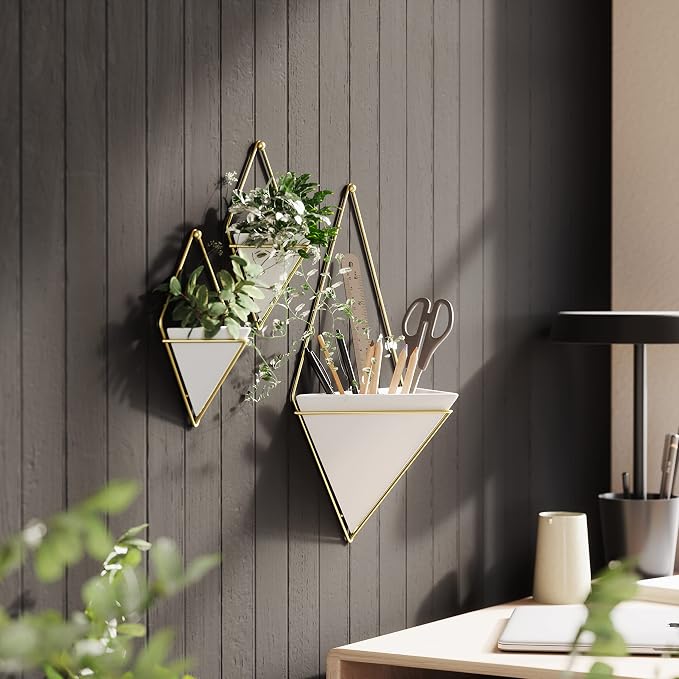 Umbra Trigg Hanging Planter for Small Plants, Set of 2, Small, White/Brass