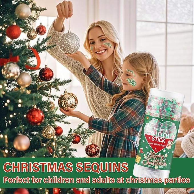 Christmas Body Glitter Stick, Red Green and White Face Glitter Accessories, Waterproof Face Hair Glitter Makeup, Christmas Glitter Makeup for Kids and Women