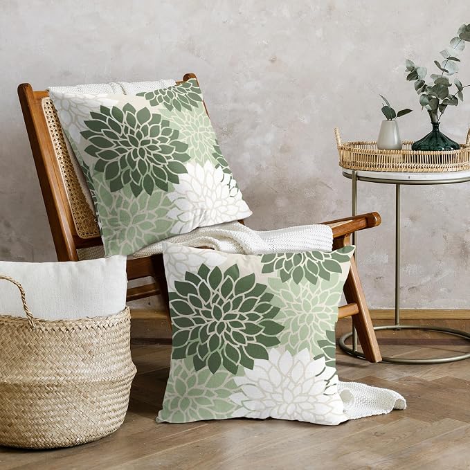 Sage Green White Floral Pillow Covers 18X18 Inch Set of 2 Geometric Dahlia Flower Decorative Pillow Cases Modern Cotton Linen Cushion Case Farmhouse Home Decor for Sofa Couch Bedroom