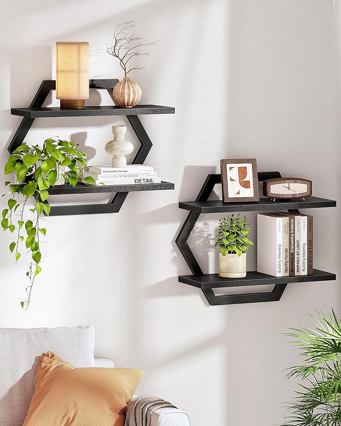 Hexagon Floating Shelves for Wall, Set of 2, 2 -Tier Hanging Shelves, Wall Mounted Storage Shelves, for Living Room, Bedroom, Kitchen, Home Office, Study, Black TBJ06P2BB