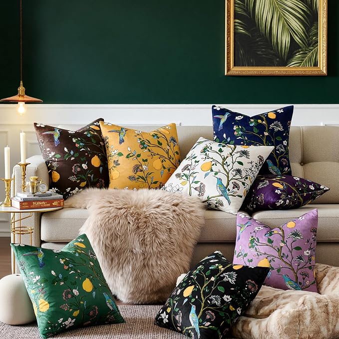 Navy Blue Velvet Floral Decorative 12x20 Lumbar Pillow Covers Set of 2 | Durable and Sturdy,Botanical Printed Pattern,Throw Pillows Case,Rectangle,Colorful Farmhouse,Home Sofa Bed Couch Decor