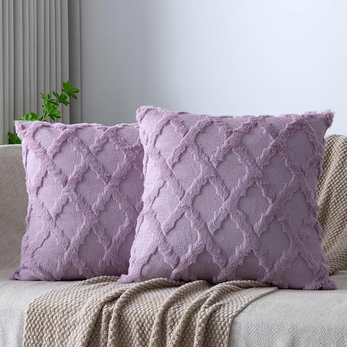 Set of 2 Soft Moroccan Throw Pillow Covers 20x20 Inch Plush Boho Decorative Pillow Cover Accent Cushion Case for Couch Sofa Bed, Purple