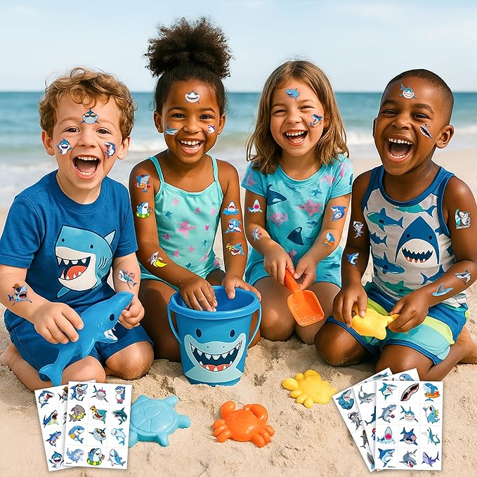 96 PCS Shark Pre-Cut Temporary Tattoos Sticker Sea Animal Fish Under The Sea Ocean Birthday Party Decorations Decor Favors Supplies Gifts Boys Girls Cute Fake Tattoo School Reward Themed (Normal)