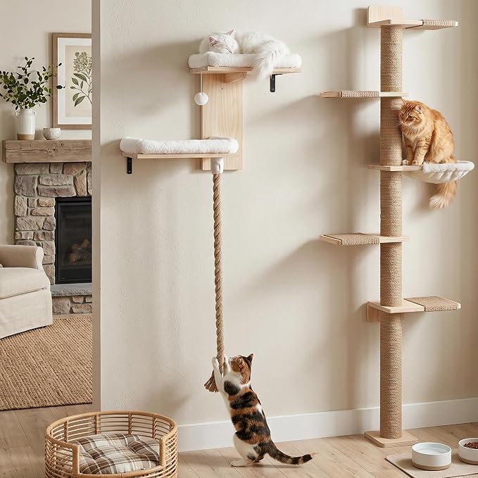 Cat Wall Shelves, 2 Beds with 4.92 ft Cat Scratching Post Rope | Tree Shape Cat Wall Furniture Set, Kitten Floating Shelf with Soft Cushion Perch, Solid Wood Cat Perch for Climb, Play, Nap