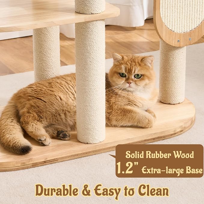 Modern Solid Wood Cat Tree for Indoor Cats Up to 15lbs, 60" Tall & Wide Cat Tower with Scratching Posts, Scratcher & Self-Grooming, Large Cat Beds, Capsule Nest, Multi-Level Cat Furniture