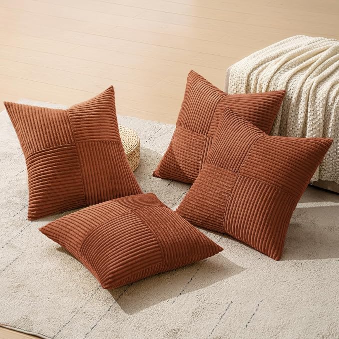 MIULEE Fall Boho Farmhouse Rust Decorative Throw Pillow Covers 20x20 Inch 4 Packs Soft Vintage Pillow Cases Modern Corduroy Patchwork Cushion Covers for Couch Sofa Bed Home Decor, Terracotta