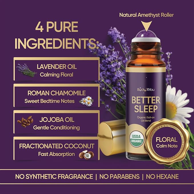 BodyJ4You Sleep Essential Oil Blend - Better Sleep Aid Calm Relaxation Pure | USDA Organic Jojoba MCT Lavender Roman Chamomile - Roller Ball Roll-On Night Routine Wrists Temples Neck - Amber Glass 10ml