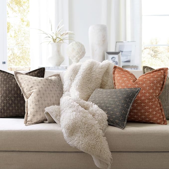 Fall Pillow Covers 24x24 Set of 2 Soft Polyester Textured Rust Pillow Covers with Stylish Flange Edge Cozy Farmhouse Throw Pillows for Couch Bed Sofa Living Room Fall Decor