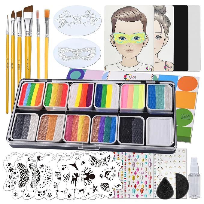 OPHIR 41 Colors Face Painting Kit Professional, 5.14 oz Water Based Face Painting Kit with 4 Face Paint Practice Boards, 10 Stencils, 6 Brushes, 2 Makeup Sponges & 2 DIY Gem Stickers for Halloween