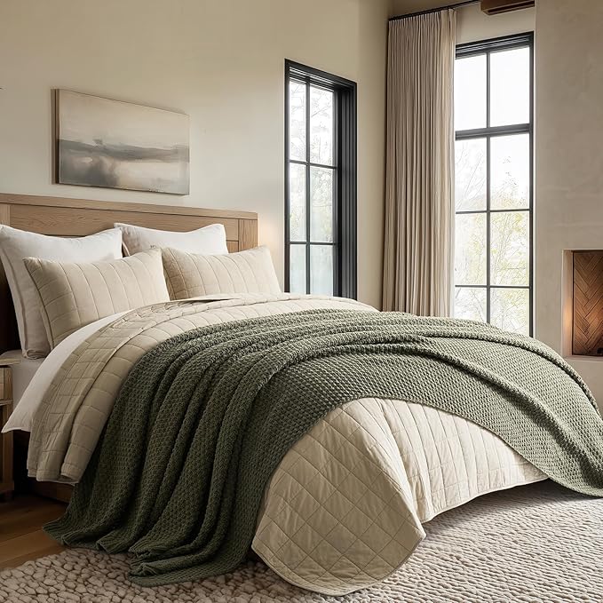 EVERGRACEHOME Chunky Chenille Knit Throw Blanket, 90 x 90, Olive Green | Sculpted Moss Stitch, Chic Modern Farmhouse, All-Season Warmth, OEKO-TEX® Certified, Oversized Queen for Couch, Bed, Sofa
