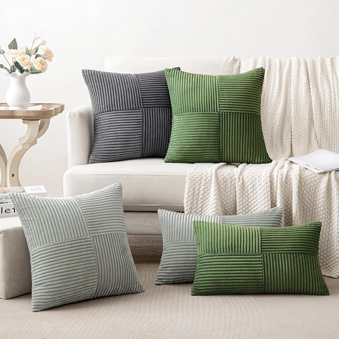 MIULEE Moss Green Decorative Throw Pillow Covers for Couch 16x16 Inch | 2 Pack, Boho Farmhouse Pillow Covers, Soft Cross Corduroy Patchwork Textured Cushion Cases For Bed Sofa