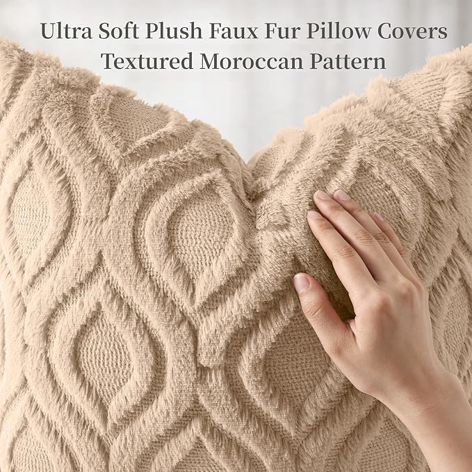 decorUhome Faux Fur Soft Light Khaki Throw Pillow Covers 18x18 Set of 2 | Plush Solid Fall Couch Pillow Covers, Accent Modern Farmhouse Neutral Decorative Square Pillow Cases for Sofa Bed Living Room
