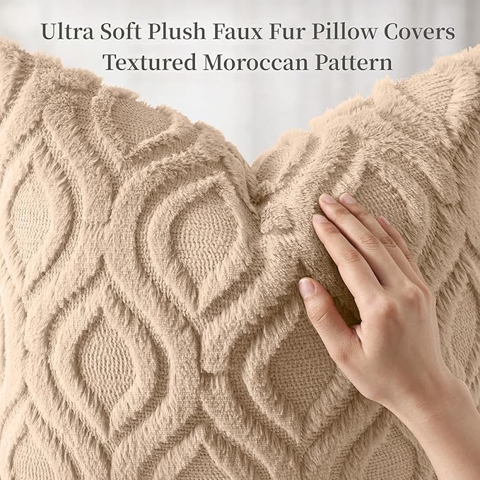 decorUhome Faux Fur Soft Light Khaki Throw Pillow Covers 24x24 Set of 2 | Plush Solid Fall Couch Pillow Covers, Accent Modern Farmhouse Neutral Decorative Square Pillow Cases for Sofa Bed Living Room